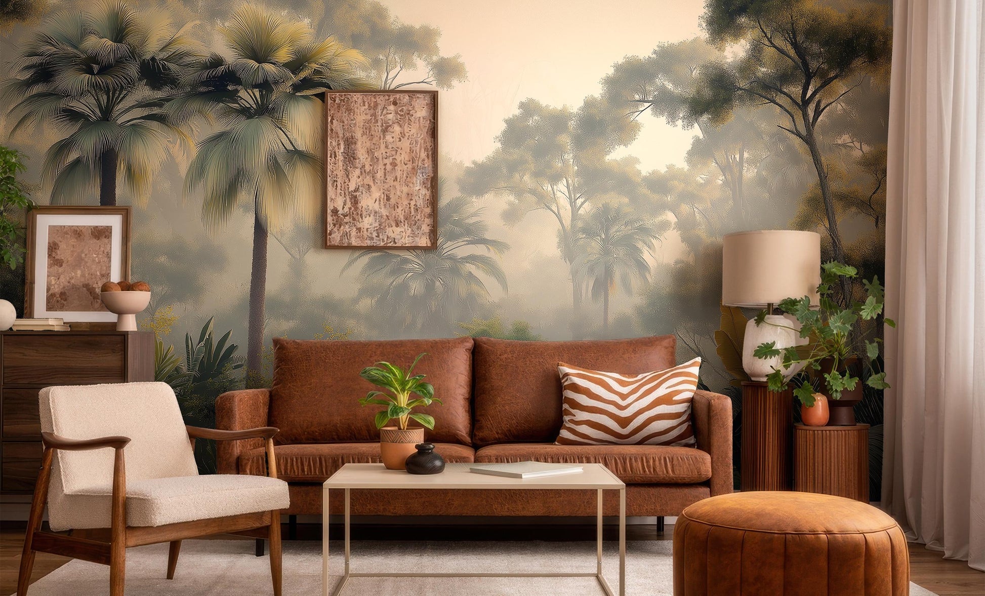 Misty Tropical Forest Palm Tropical Wallpaper – scale reference, Golden Era Walls