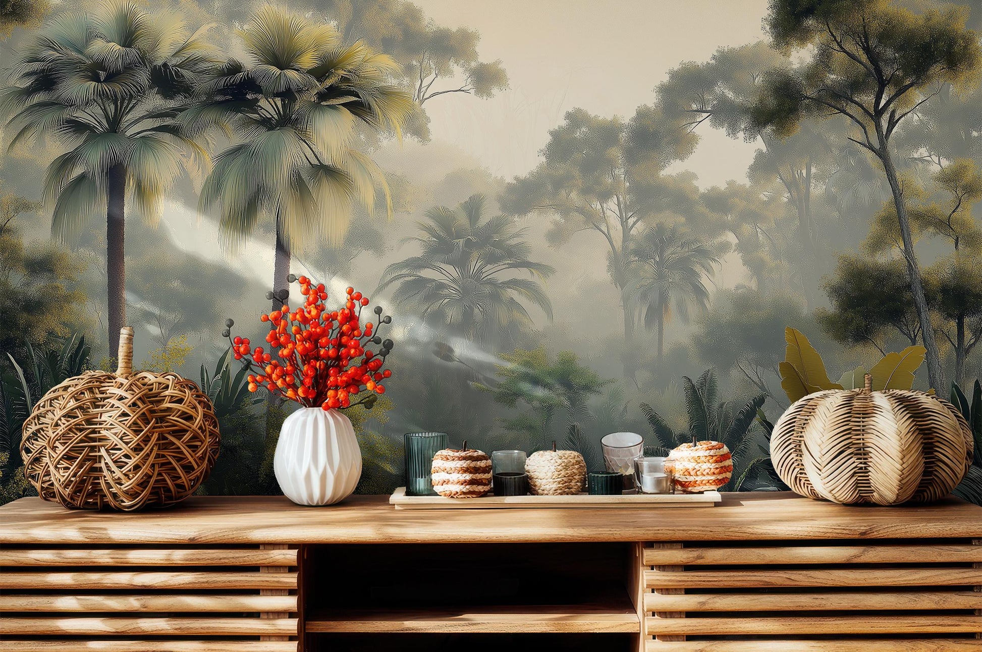 Misty Tropical Forest Palm Tropical Wallpaper – lifestyle view, Golden Era Walls