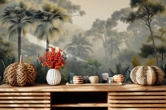 Misty Tropical Forest Palm Tropical Wallpaper – lifestyle view, Golden Era Walls