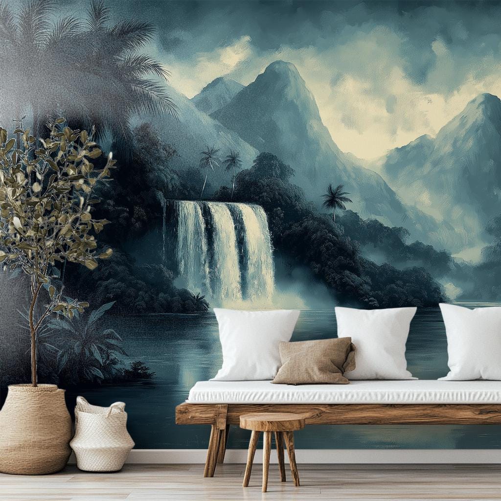 Monochrome Waterfall Print Hand Tropical Wallpaper – room setting, Golden Era Walls