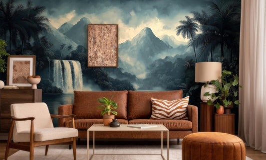 Monochrome Waterfall Print Hand Tropical Wallpaper – detail view, Golden Era Walls