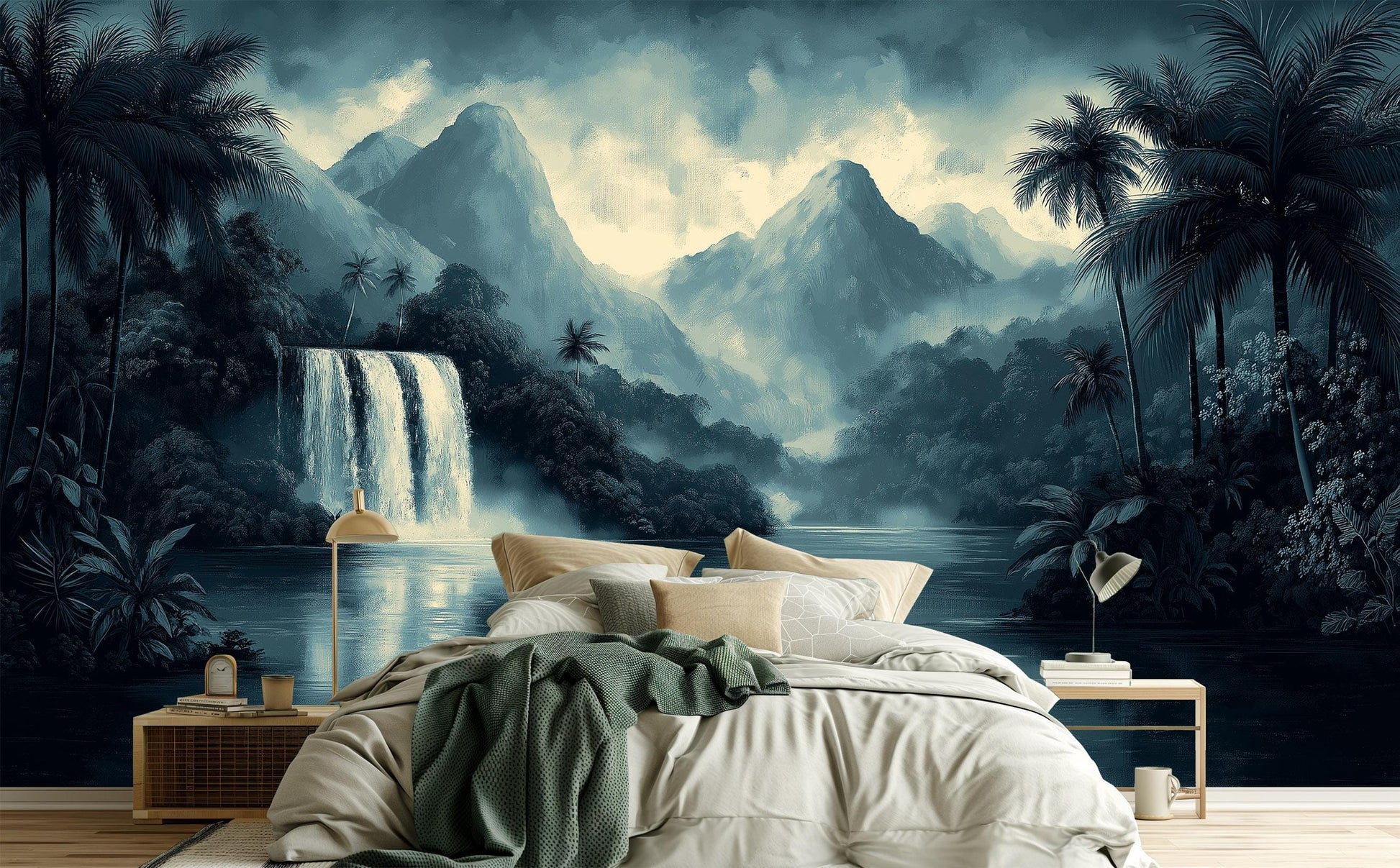 Monochrome Waterfall Print Hand Tropical Wallpaper – lifestyle view, Golden Era Walls