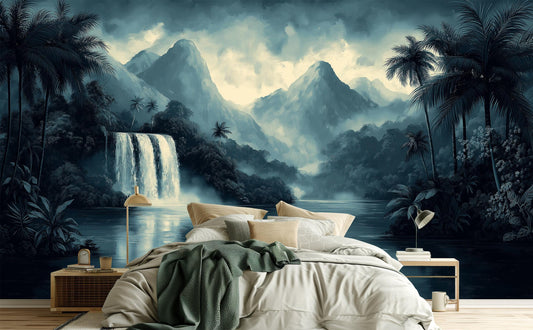 Monochrome Waterfall Print Hand Tropical Wallpaper – lifestyle view, Golden Era Walls
