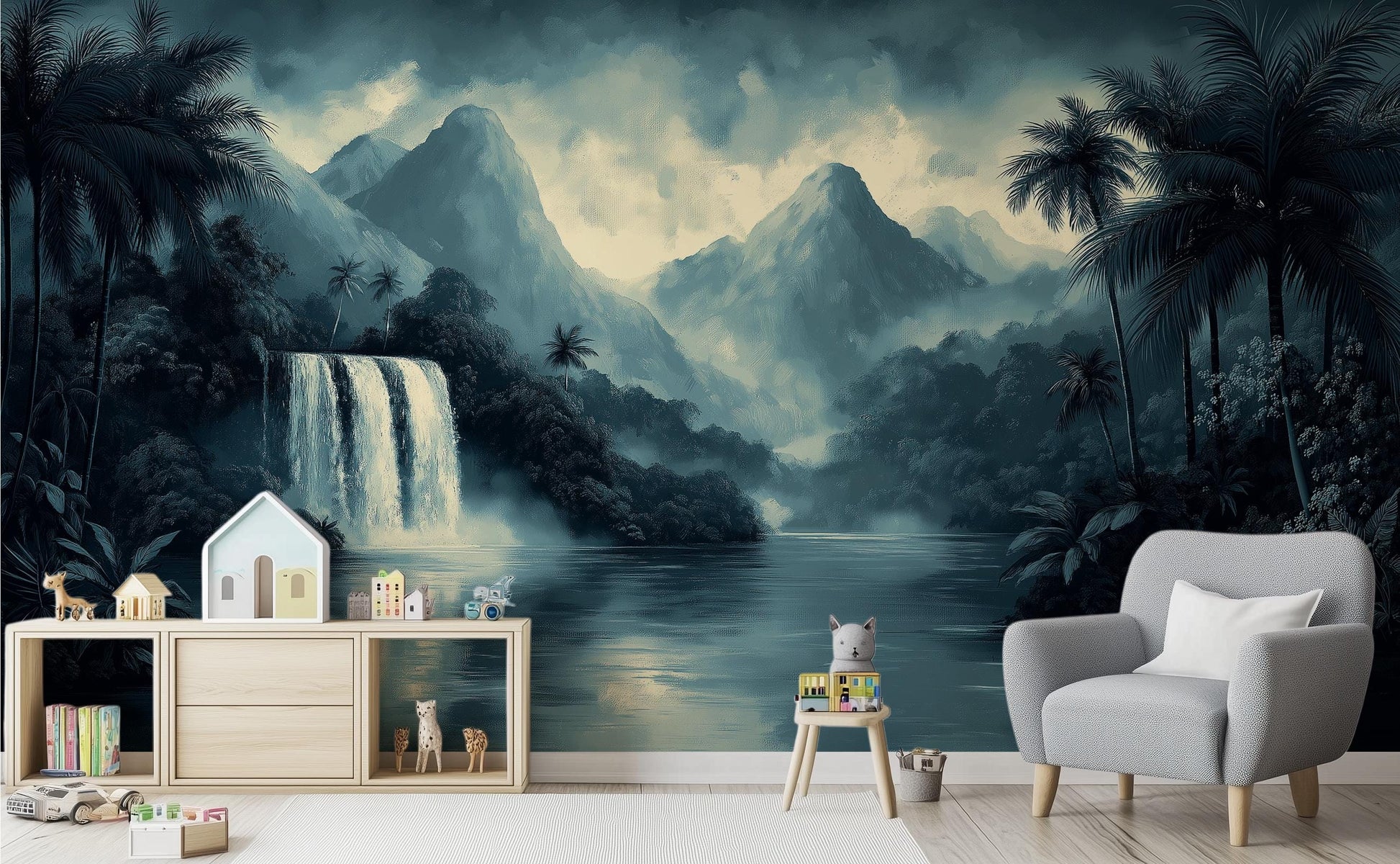 Monochrome Waterfall Print Hand Tropical Wallpaper – scale reference, Golden Era Walls