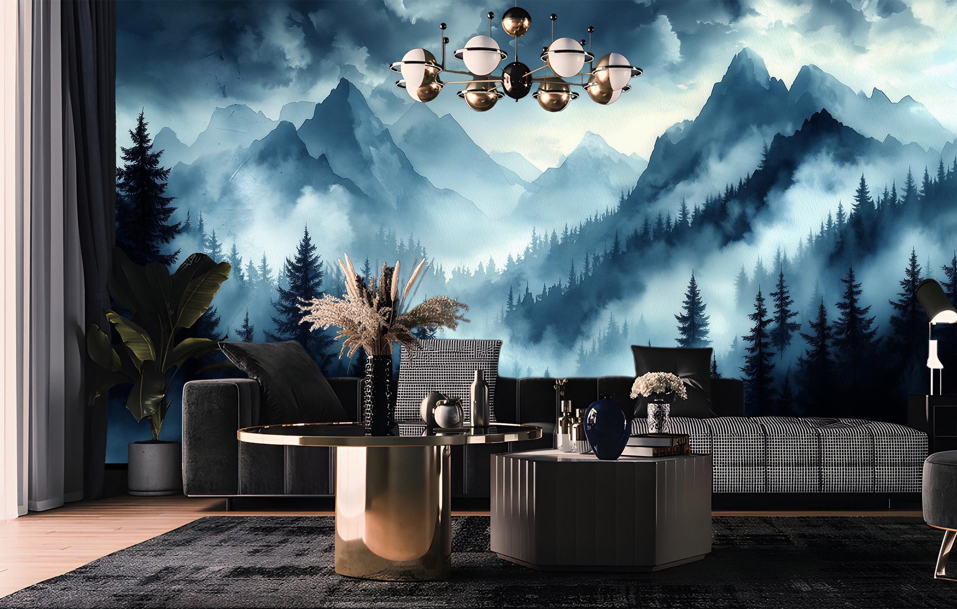 Moody Mountain Forest Modern Wallpaper – room setting, Golden Era Walls