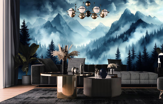 Moody Mountain Forest Modern Wallpaper – room setting, Golden Era Walls