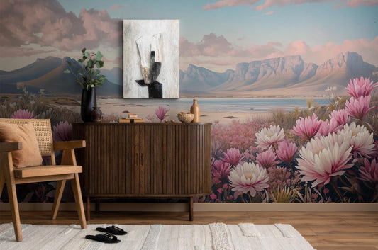 Pink Protea Flower Serene Floral Wallpaper – lifestyle view, Golden Era Walls