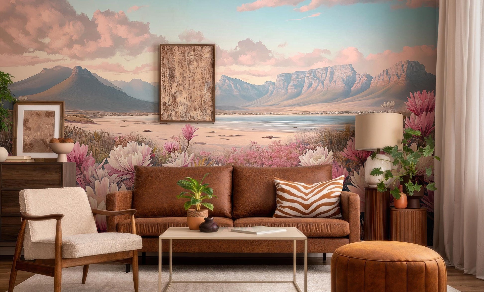 Pink Protea Flower Serene Floral Wallpaper – scale reference, Golden Era Walls