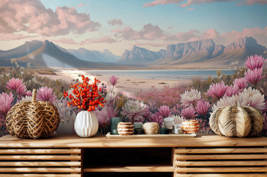 Pink Protea Flower Serene Floral Wallpaper – detail view, Golden Era Walls