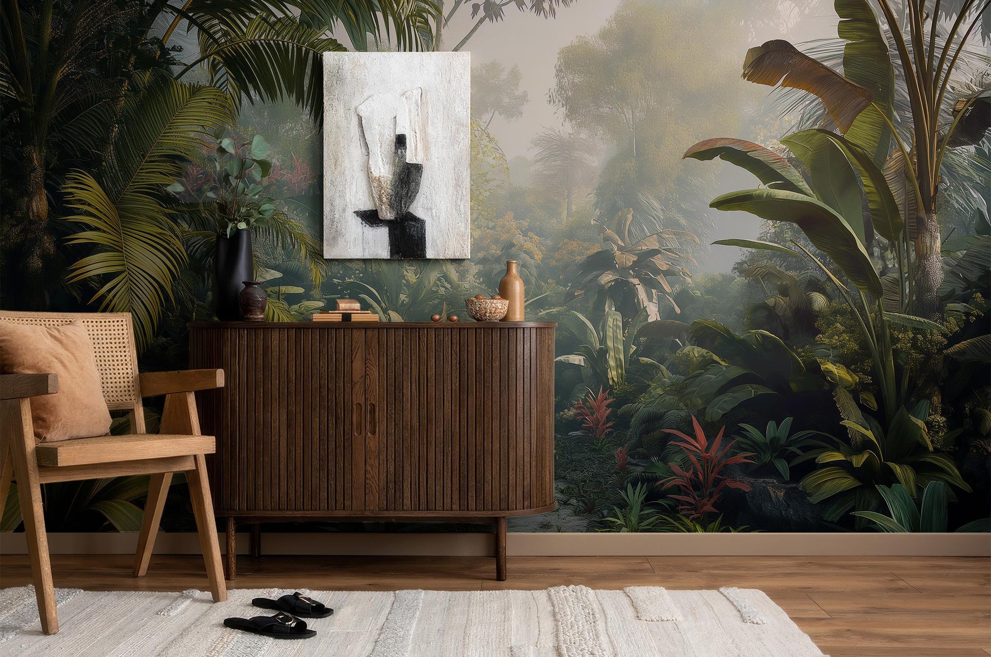 Rainforest Art Lush Jungle Floral Wallpaper – scale reference, Golden Era Walls