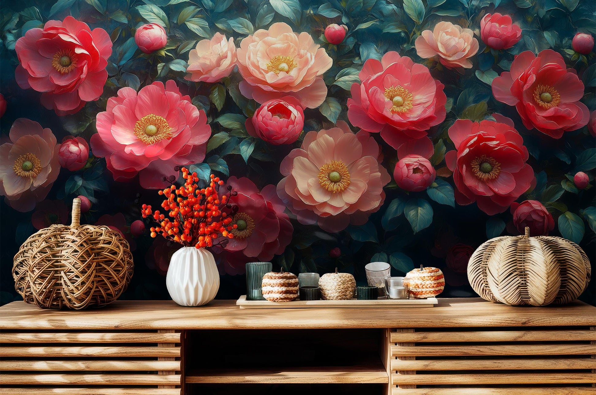 Peony Elegant Floral Decor Floral Wallpaper – room setting, Golden Era Walls