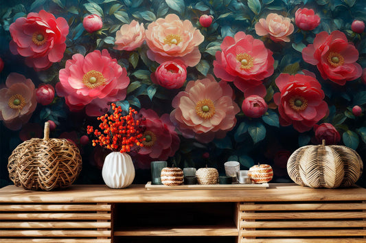 Peony Elegant Floral Decor Floral Wallpaper – room setting, Golden Era Walls