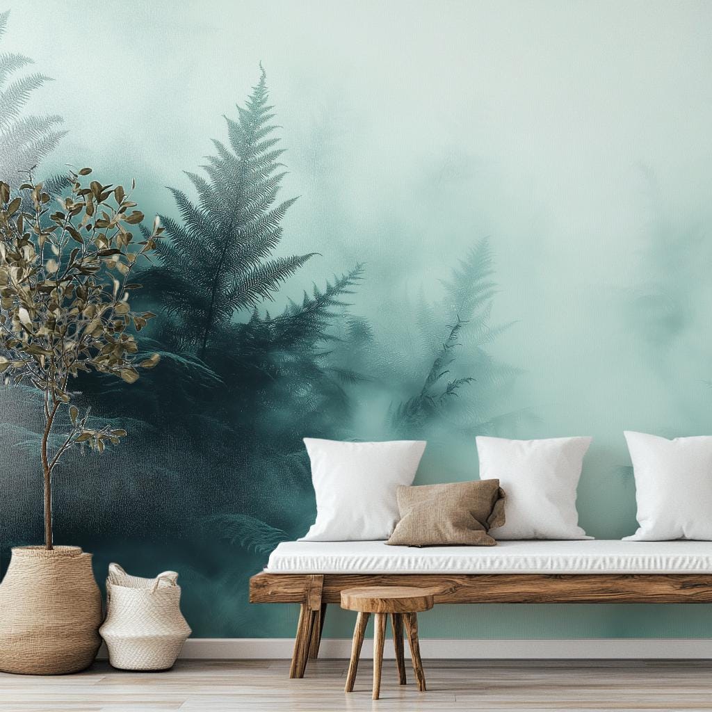 Teal Fern Jungle Forest Floral Wallpaper – room setting, Golden Era Walls