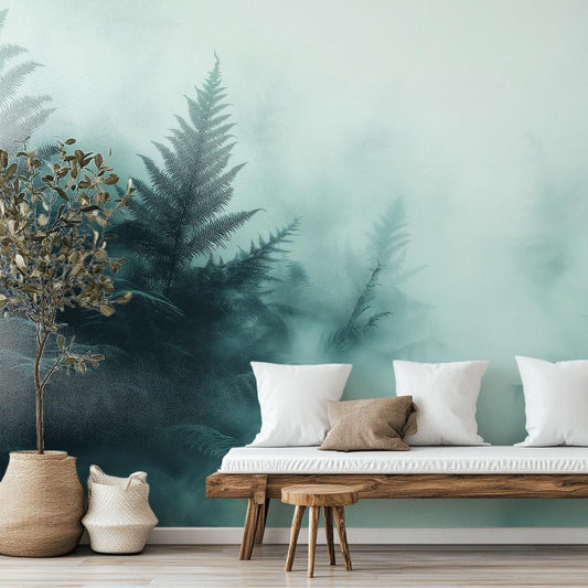 Teal Fern Jungle Forest Floral Wallpaper – room setting, Golden Era Walls