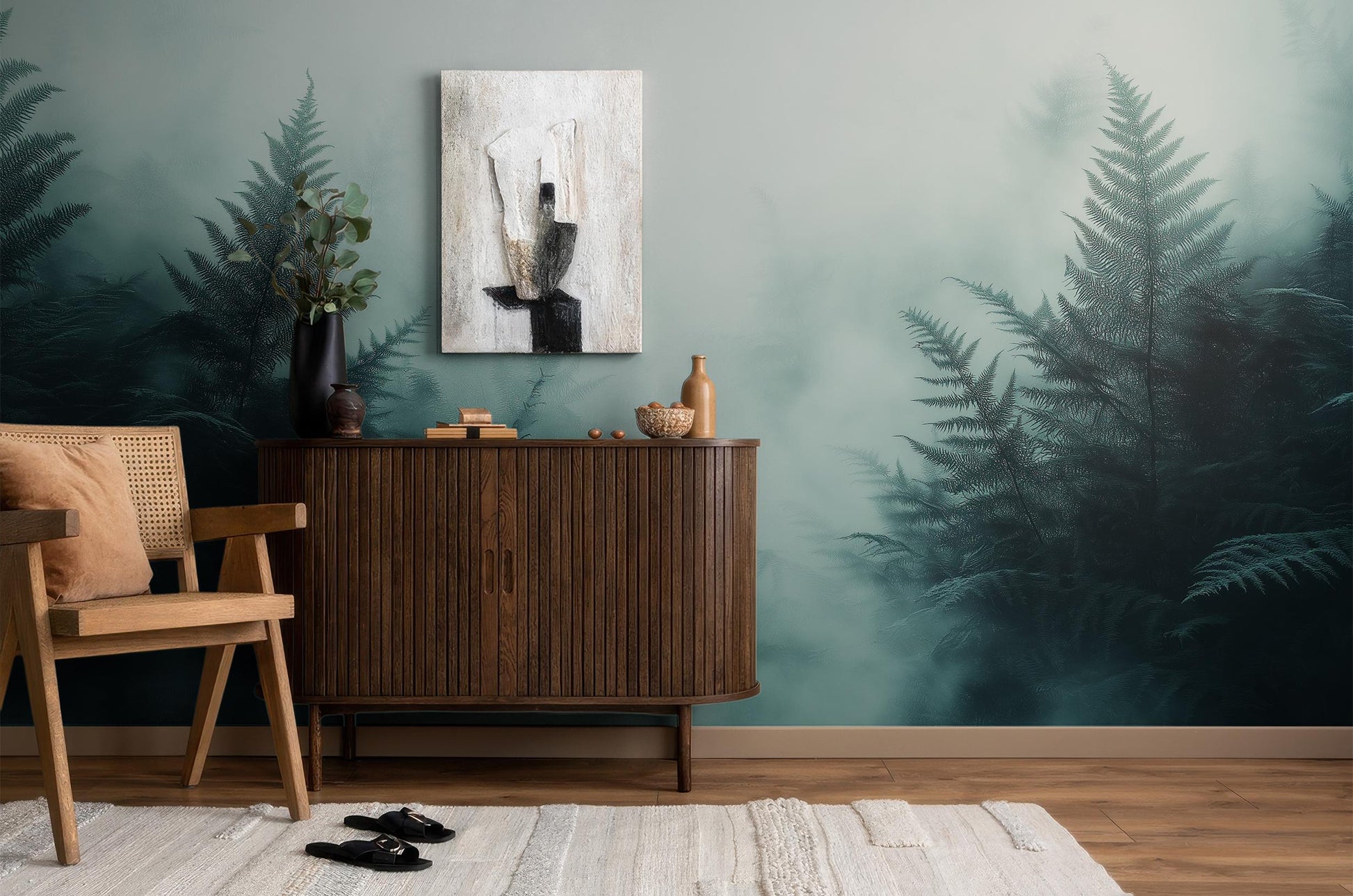 Teal Fern Jungle Forest Floral Wallpaper – scale reference, Golden Era Walls