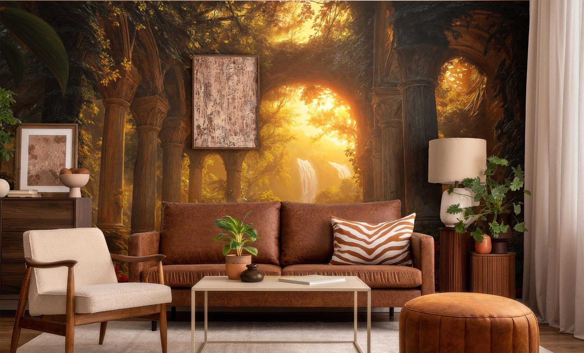 Temple Garden Sunlit Arches Floral Wallpaper – lifestyle view, Golden Era Walls