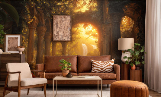 Temple Garden Sunlit Arches Floral Wallpaper – lifestyle view, Golden Era Walls