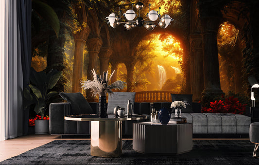 Temple Garden Sunlit Arches Floral Wallpaper – room setting, Golden Era Walls