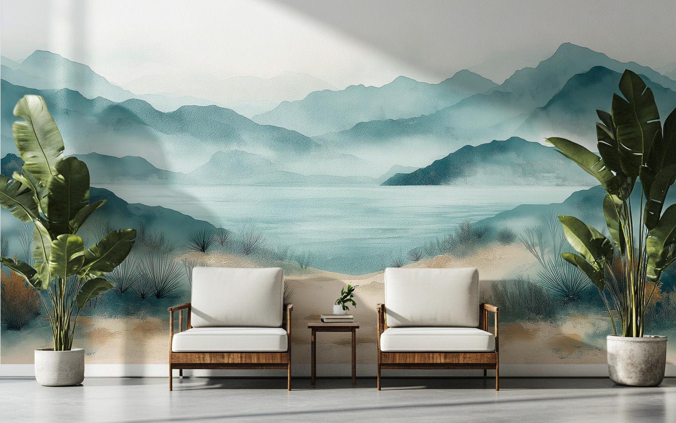 Serene Coastal Landscape Watercolor Coastal Wallpaper – scale reference, Golden Era Walls
