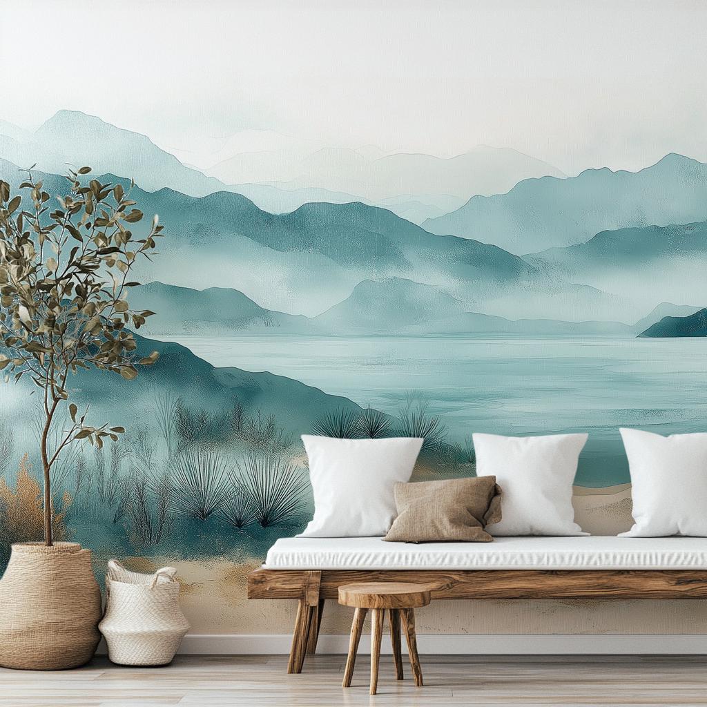 Serene Coastal Landscape Watercolor Coastal Wallpaper – peel and stick wallpaper mural, Golden Era Walls