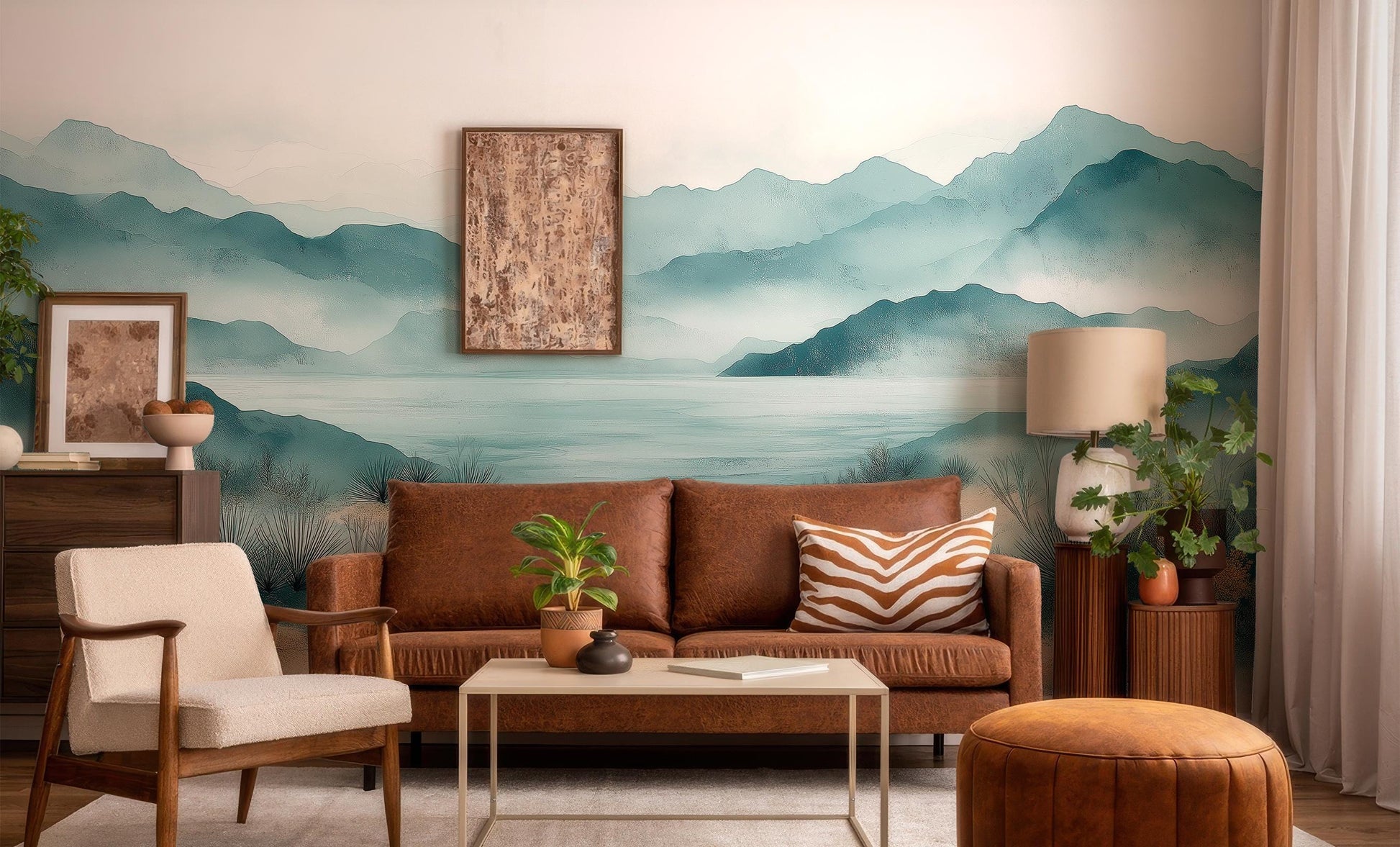 Serene Coastal Landscape Watercolor Coastal Wallpaper – detail view, Golden Era Walls