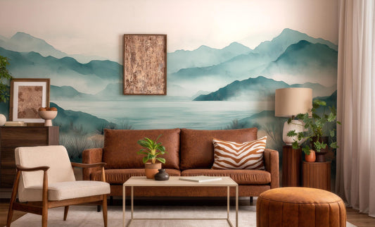 Serene Coastal Landscape Watercolor Coastal Wallpaper – detail view, Golden Era Walls