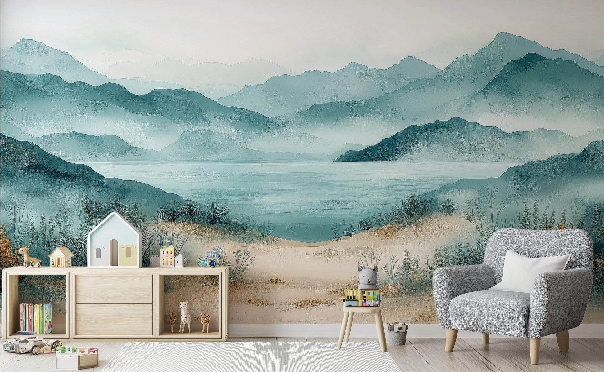 Serene Coastal Landscape Watercolor Coastal Wallpaper – room setting, Golden Era Walls