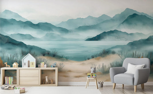 Serene Coastal Landscape Watercolor Coastal Wallpaper – room setting, Golden Era Walls