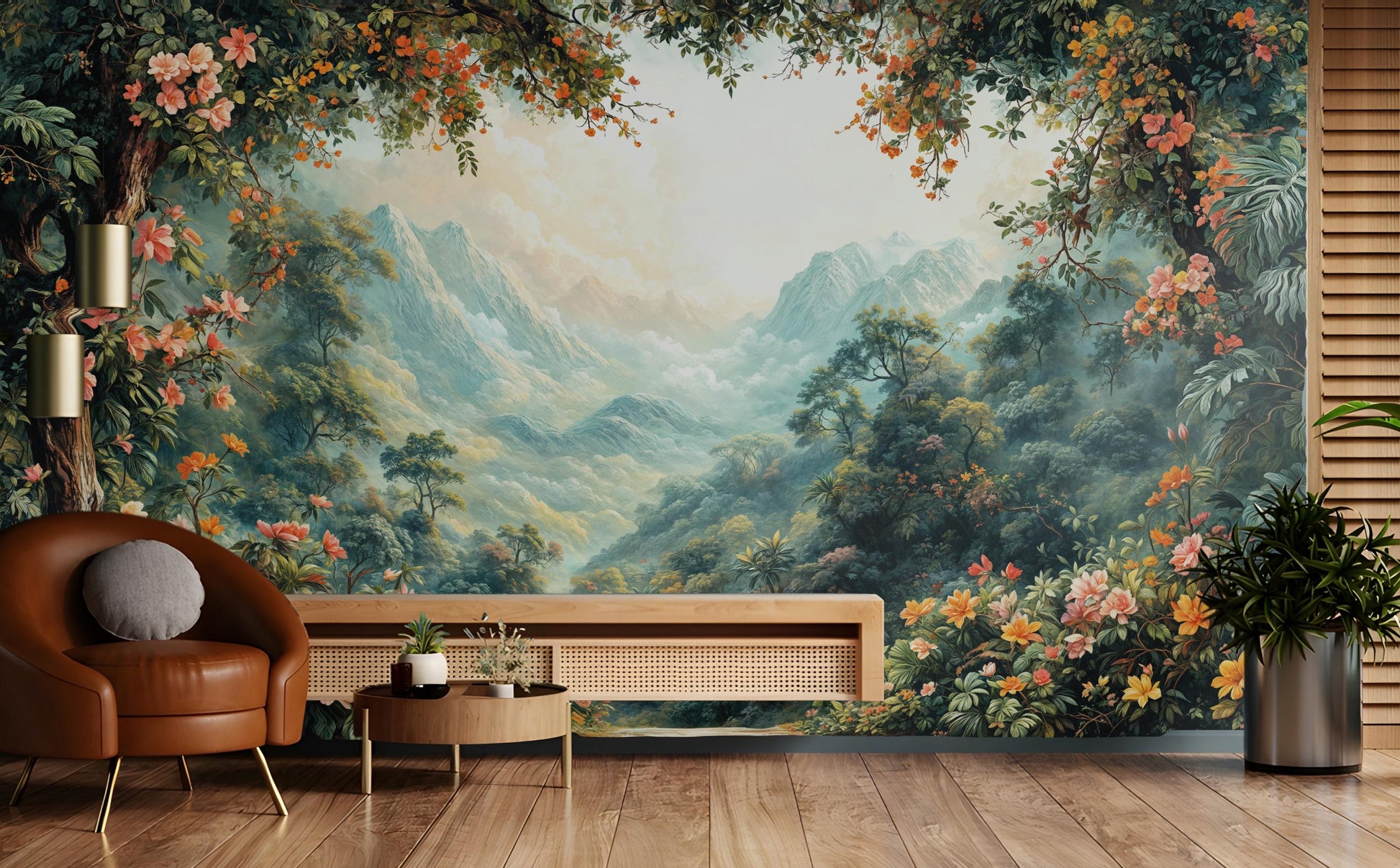 Tropical Forest Scenic Mountain Floral Wallpaper – scale reference, Golden Era Walls