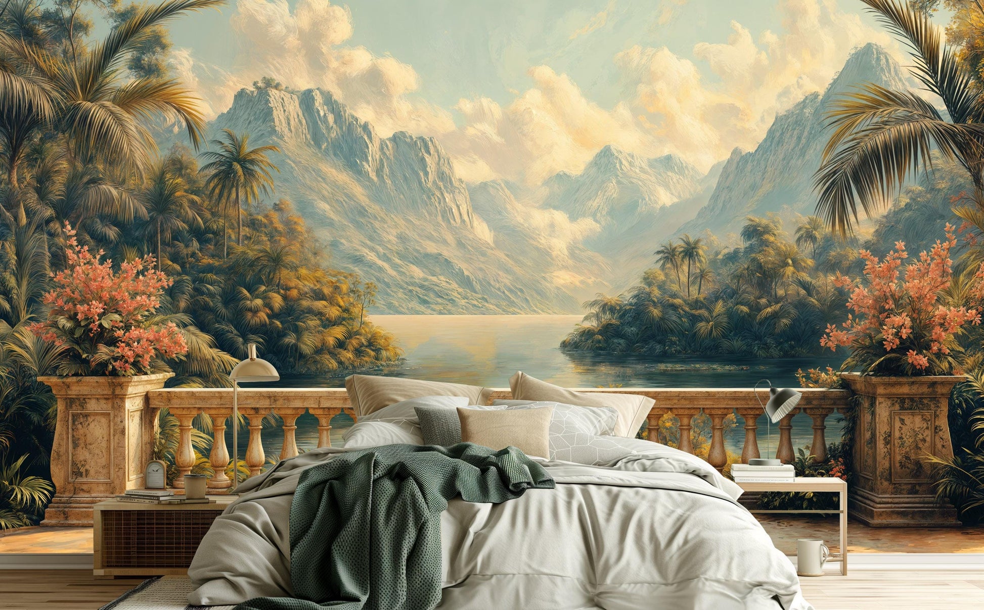 Tropical Jungle Mountain Vintage Floral Wallpaper – scale reference, Golden Era Walls