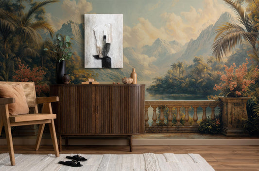 Tropical Jungle Mountain Vintage Floral Wallpaper – detail view, Golden Era Walls