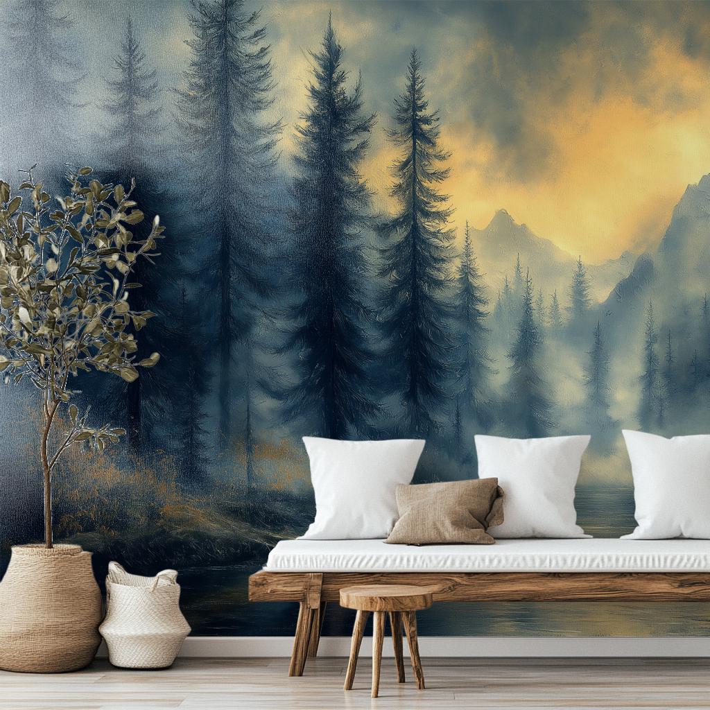 Misty Pine Forest Sleek Wallpaper – peel and stick wallpaper mural, Golden Era Walls