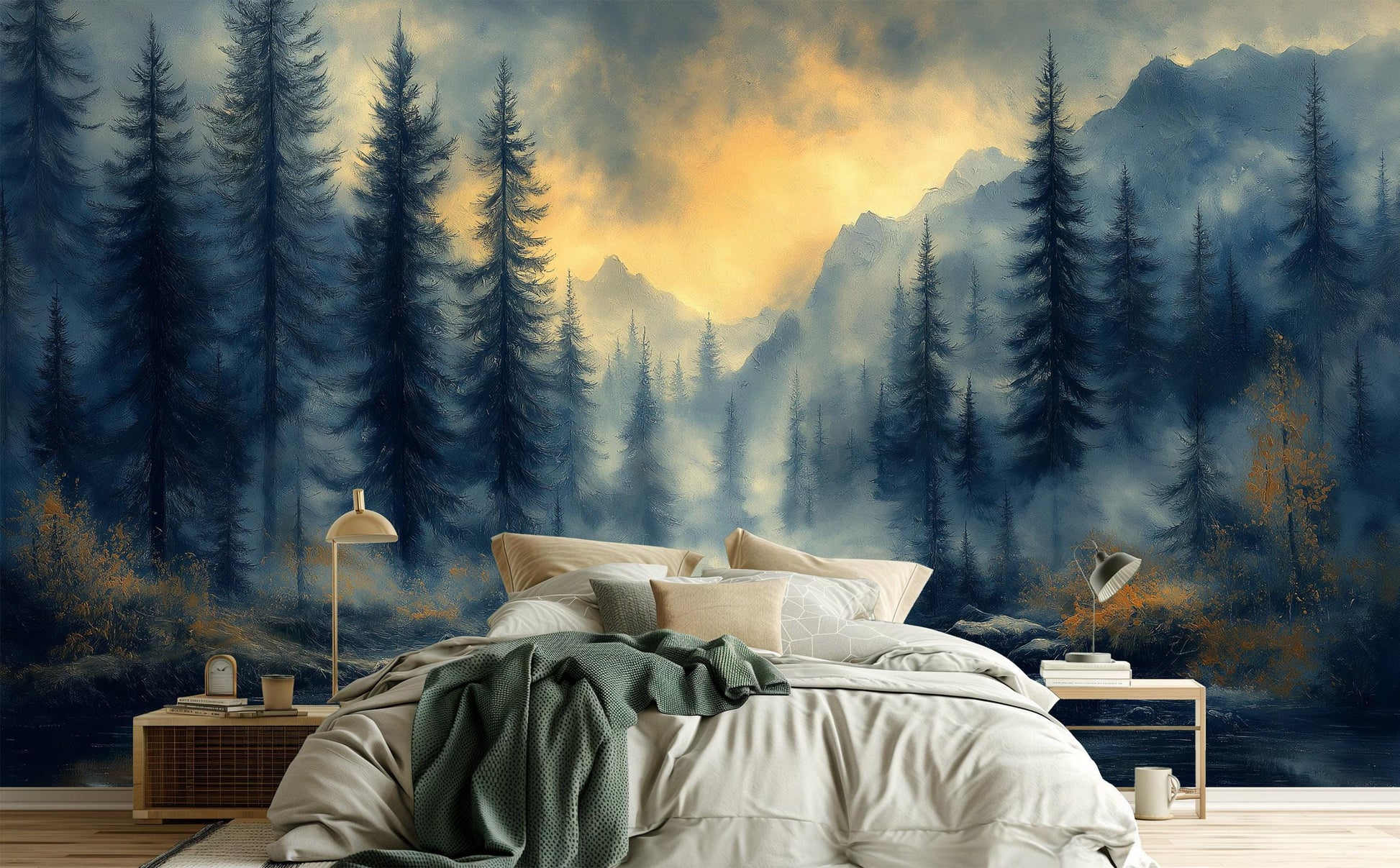 Misty Pine Forest Sleek Wallpaper – scale reference, Golden Era Walls