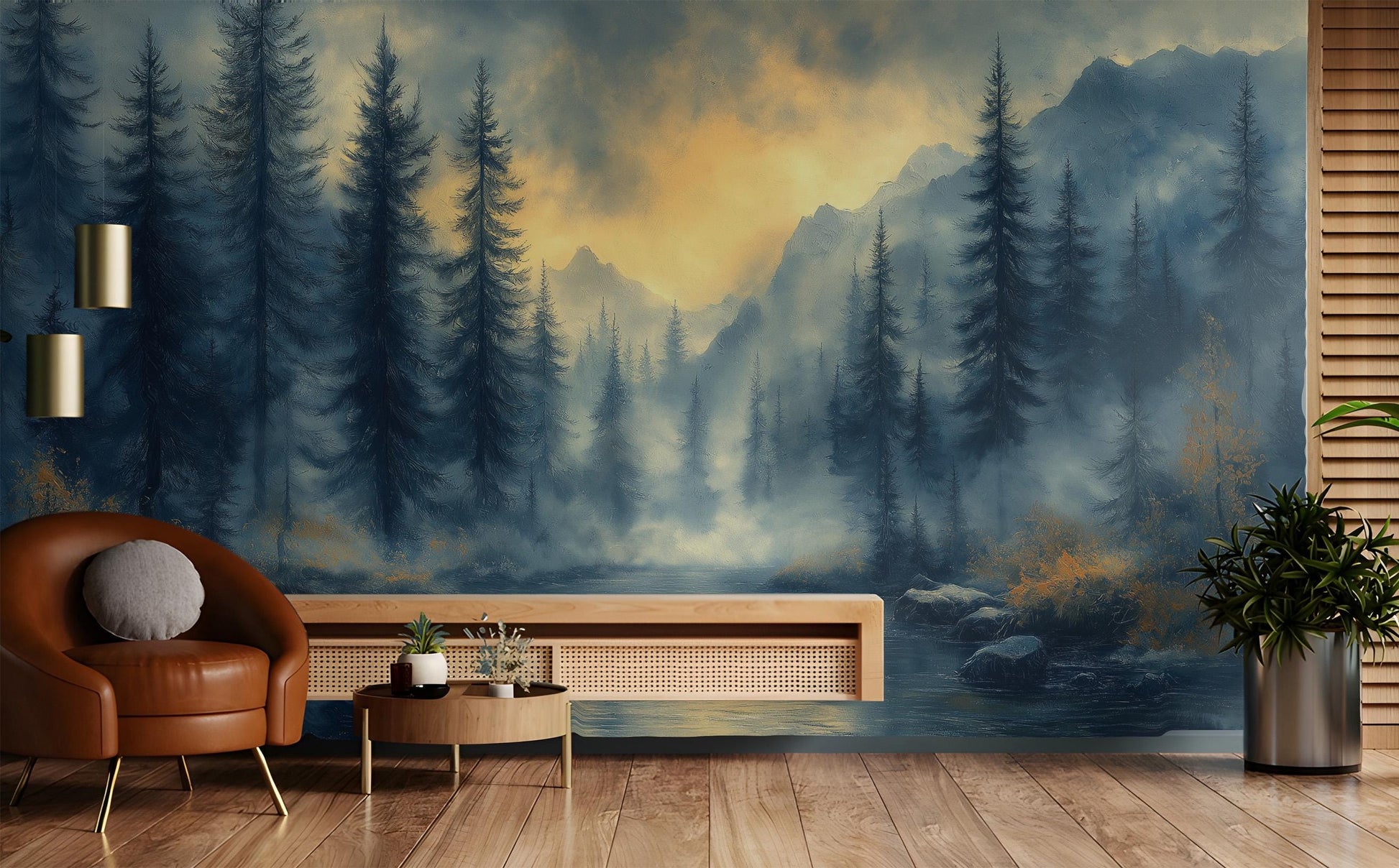 Misty Pine Forest Sleek Wallpaper – lifestyle view, Golden Era Walls