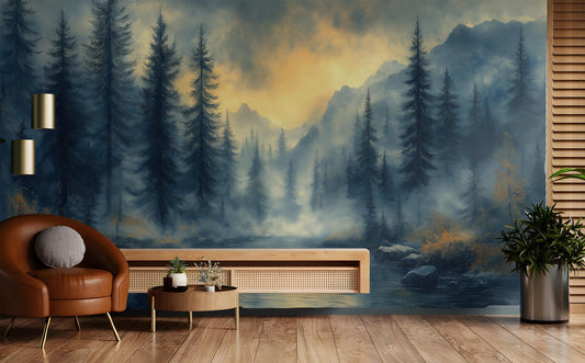 Misty Pine Forest Sleek Wallpaper – lifestyle view, Golden Era Walls