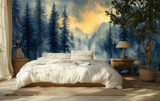Misty Pine Forest Sleek Wallpaper – room setting, Golden Era Walls