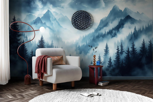 Mountain Forest Moody Landscape Wallpaper – peel and stick wallpaper mural, Golden Era Walls