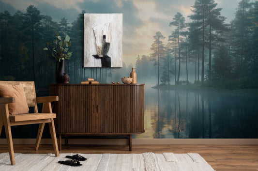 Mountain Landscape Foggy Forest Wallpaper – lifestyle view, Golden Era Walls