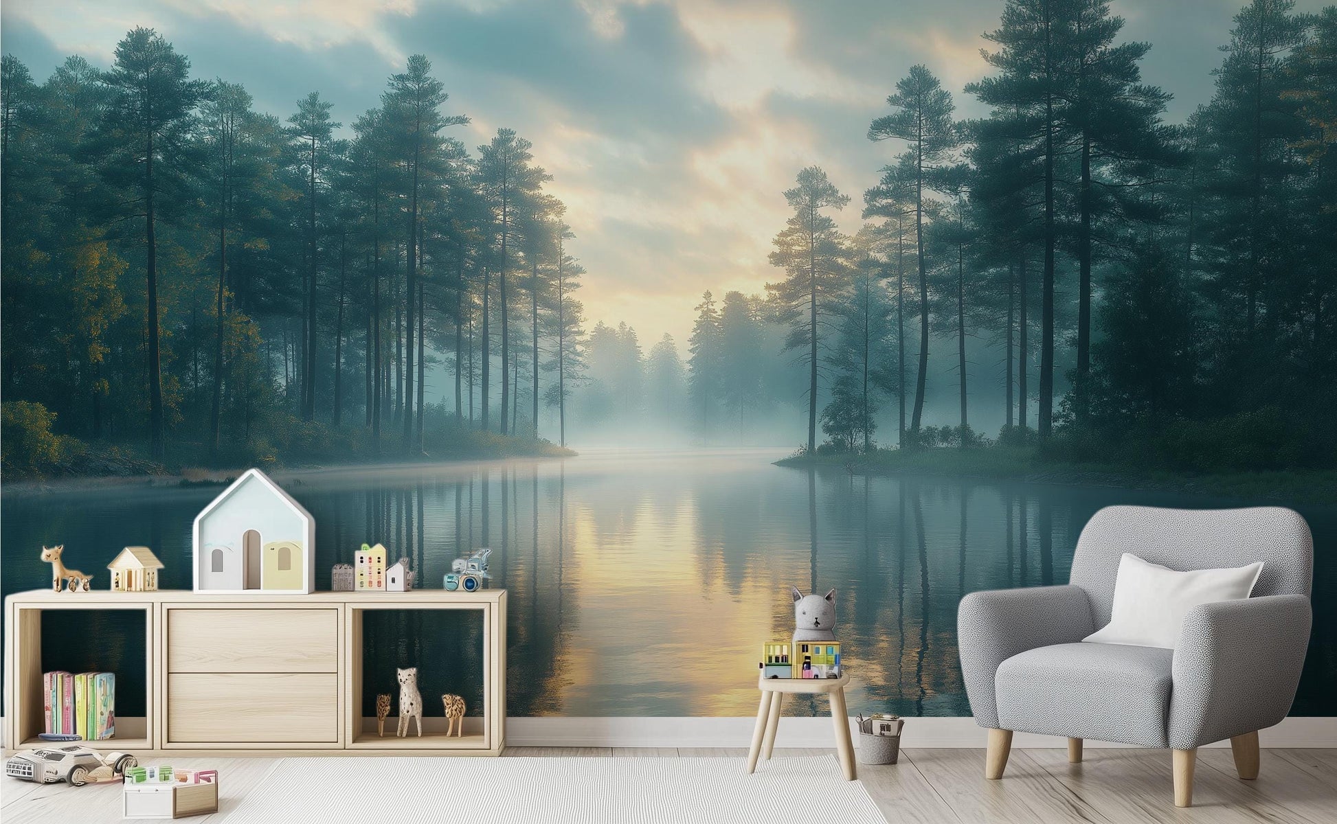 Mountain Landscape Foggy Forest Wallpaper – scale reference, Golden Era Walls