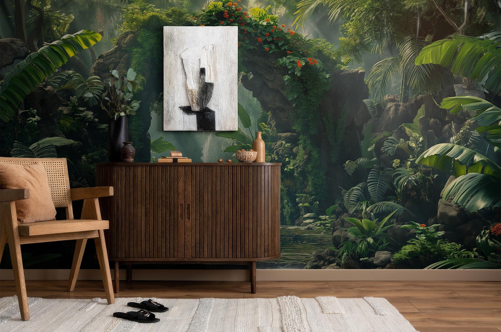 Rainforest Waterfall Tropical Jungle Tropical Wallpaper – scale reference, Golden Era Walls