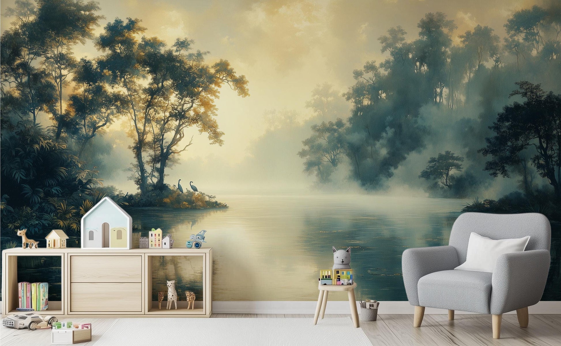 Serene Water Reflection Hand Wallpaper – room setting, Golden Era Walls