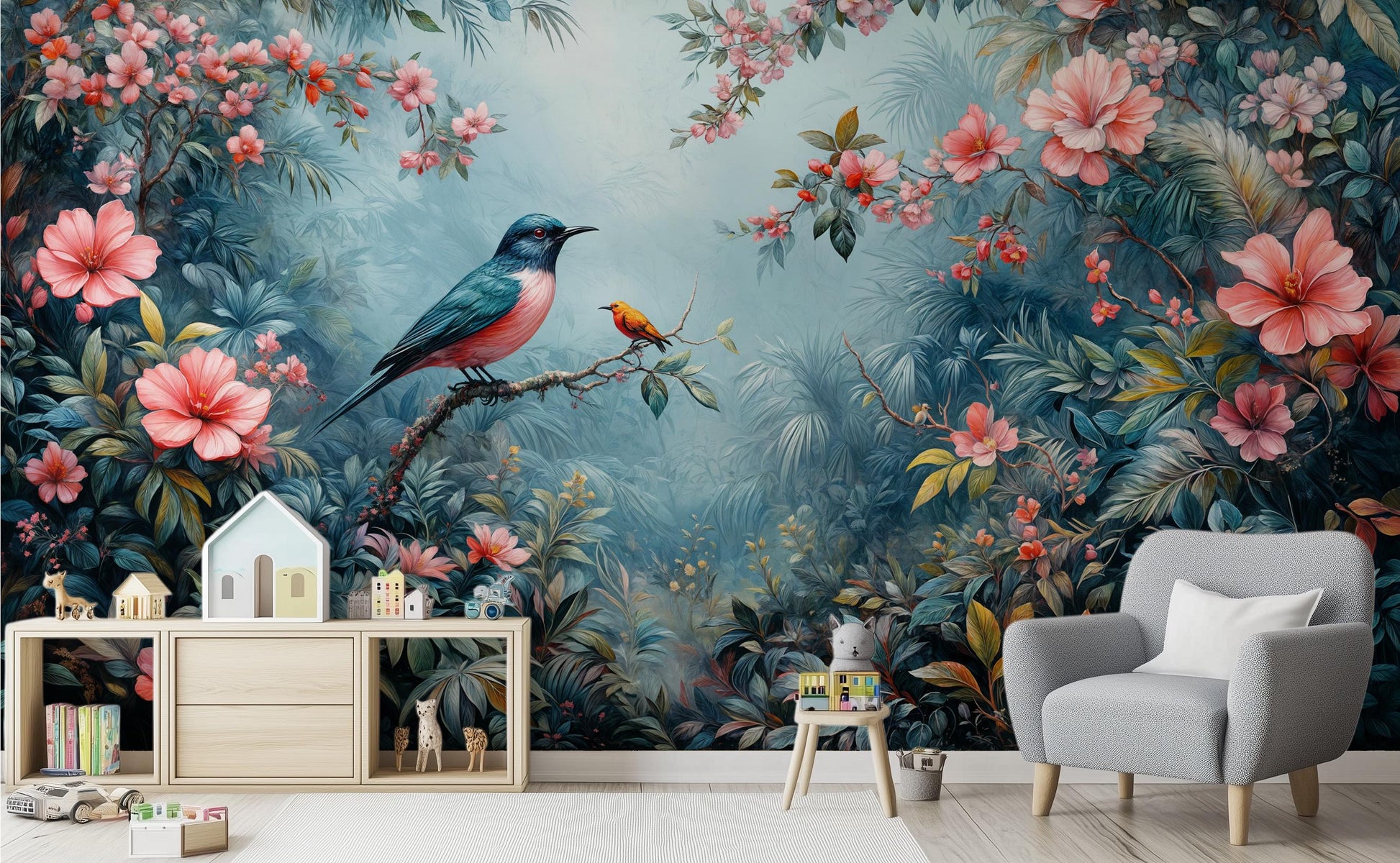Tropical Bird Vibrant Jungle Floral Wallpaper – room setting, Golden Era Walls