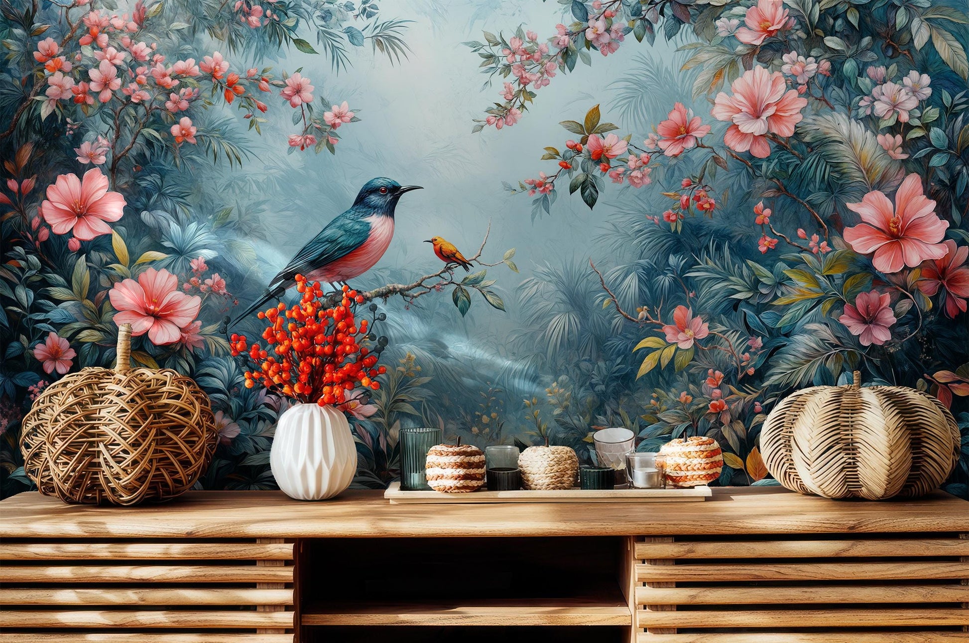 Tropical Bird Vibrant Jungle Floral Wallpaper – peel and stick wallpaper mural, Golden Era Walls