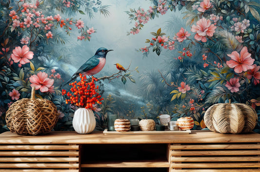 Tropical Bird Vibrant Jungle Floral Wallpaper – peel and stick wallpaper mural, Golden Era Walls