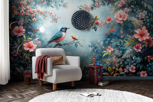 Tropical Bird Vibrant Jungle Floral Wallpaper – lifestyle view, Golden Era Walls