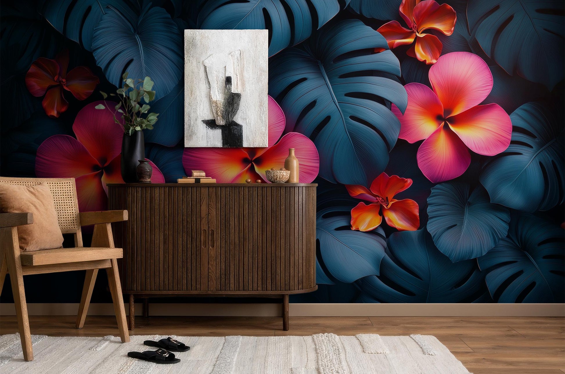 Tropical Bird Vibrant Jungle Floral Wallpaper – peel and stick wallpaper mural, Golden Era Walls