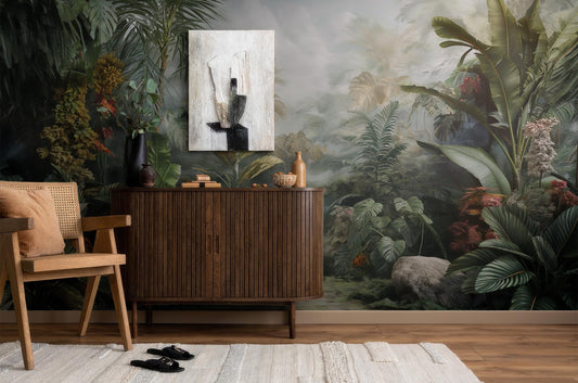 Tropical Rainforest Misty Jungle Floral Wallpaper – lifestyle view, Golden Era Walls