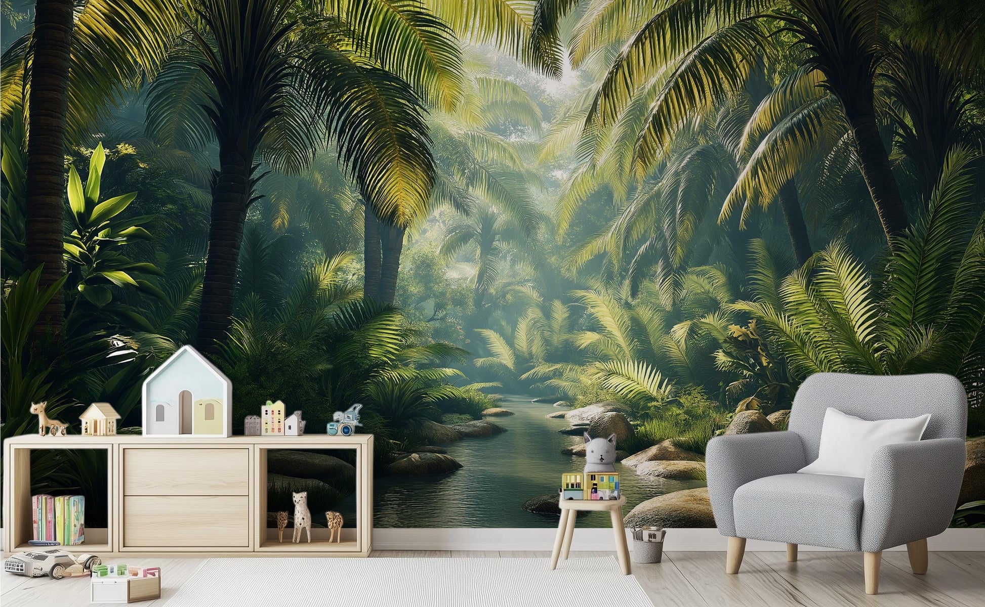 Tropical River Jungle or Floral Wallpaper – lifestyle view, Golden Era Walls