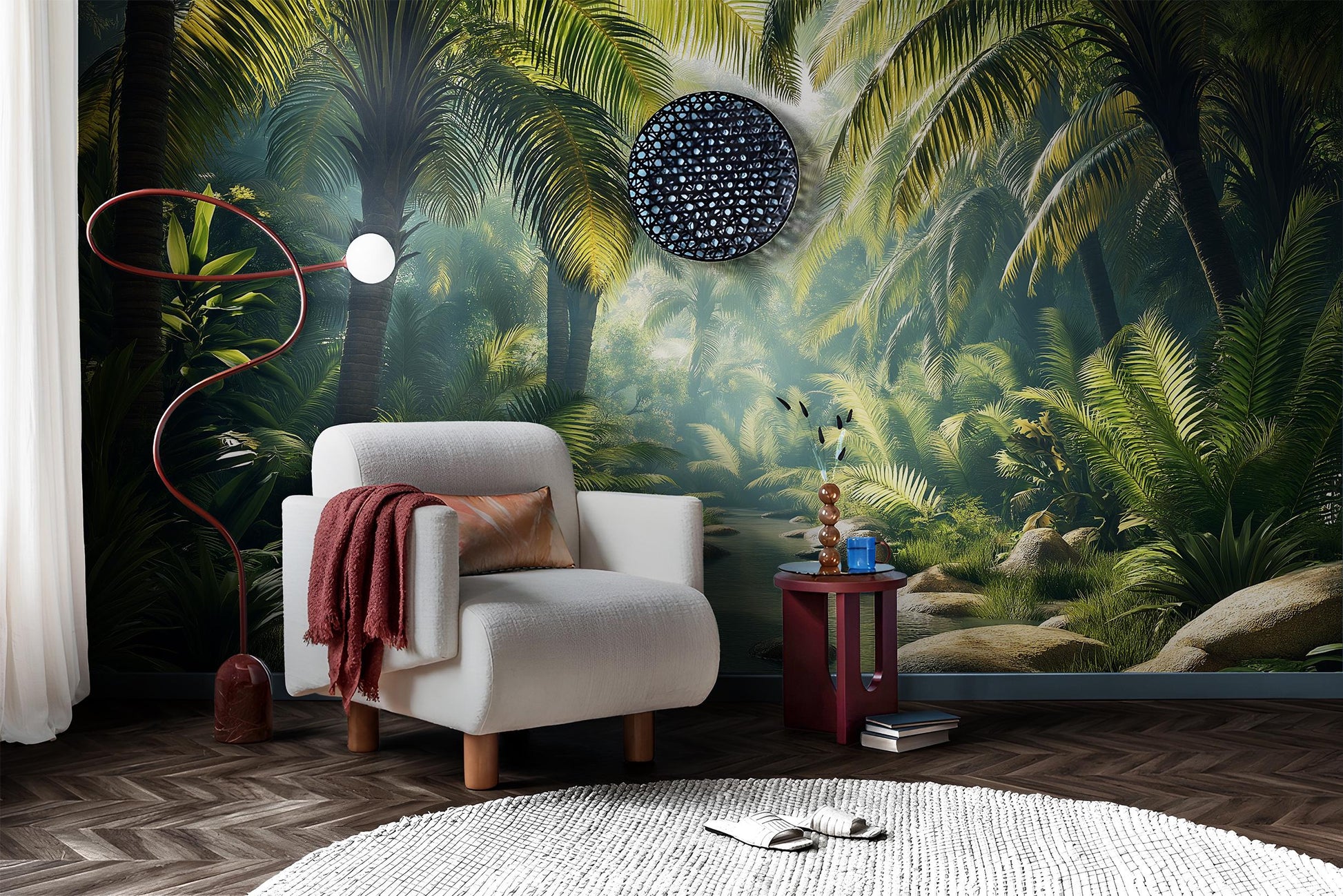 Tropical River Jungle or Floral Wallpaper – scale reference, Golden Era Walls