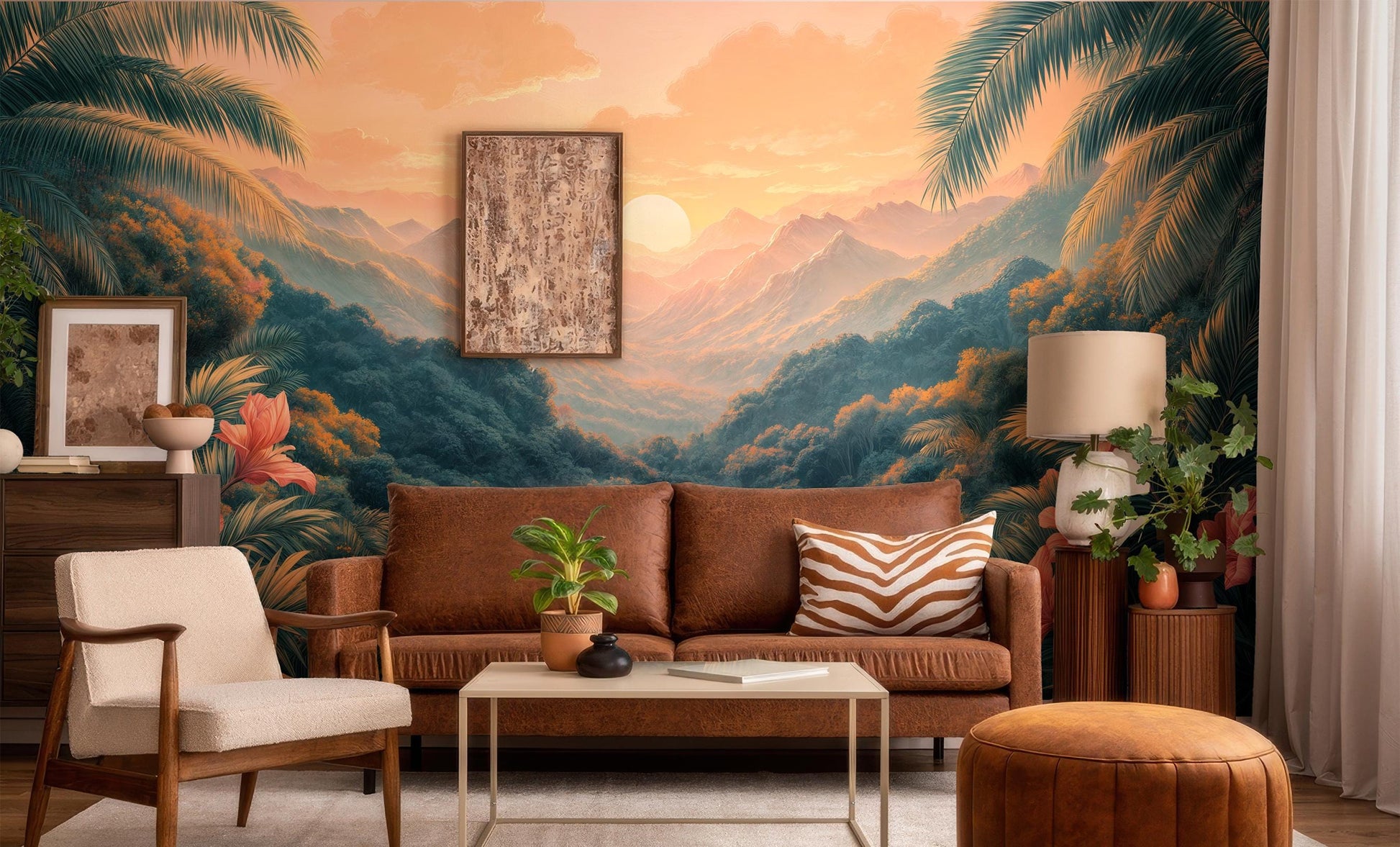 Tropical Sunset Jungle Mountain Tropical Wallpaper – scale reference, Golden Era Walls